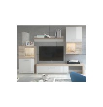 Mueble para TV con Iluminación LED, Acabado en Cambria y Blanco Brillo, 215x39x180 cm - Ideal para Sala de Estar.