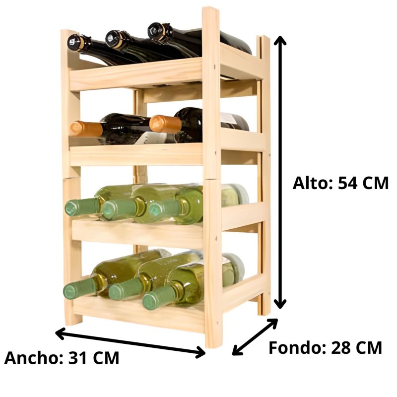 Botellero de Madera de Pino apilable en Color Natural para 12 Botellas y con 4 Niveles de Altura