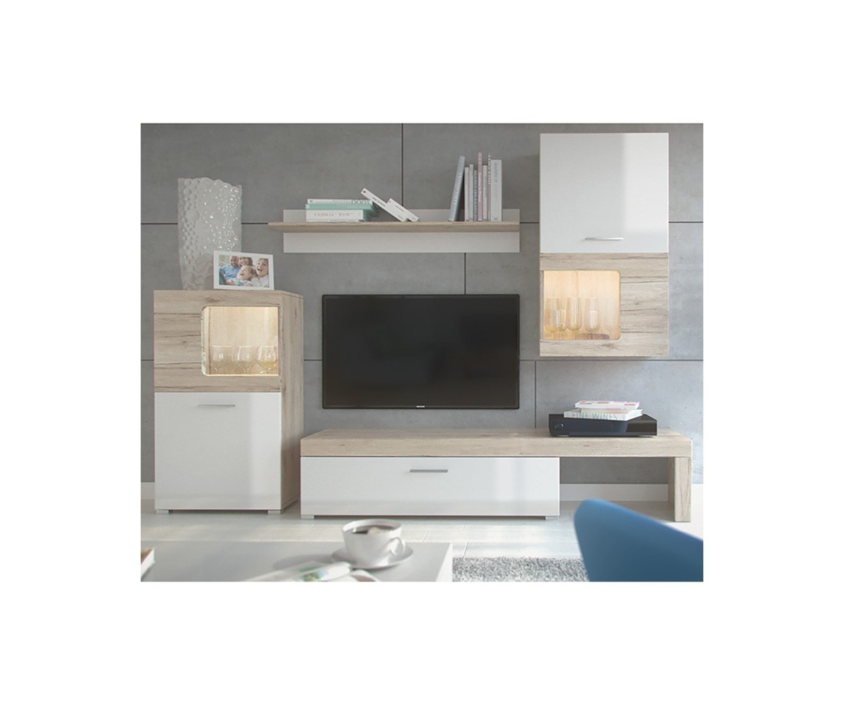 Mueble para TV con Iluminación LED, Acabado en Cambria y Blanco Brillo, 215x39x180 cm - Ideal para Sala de Estar.