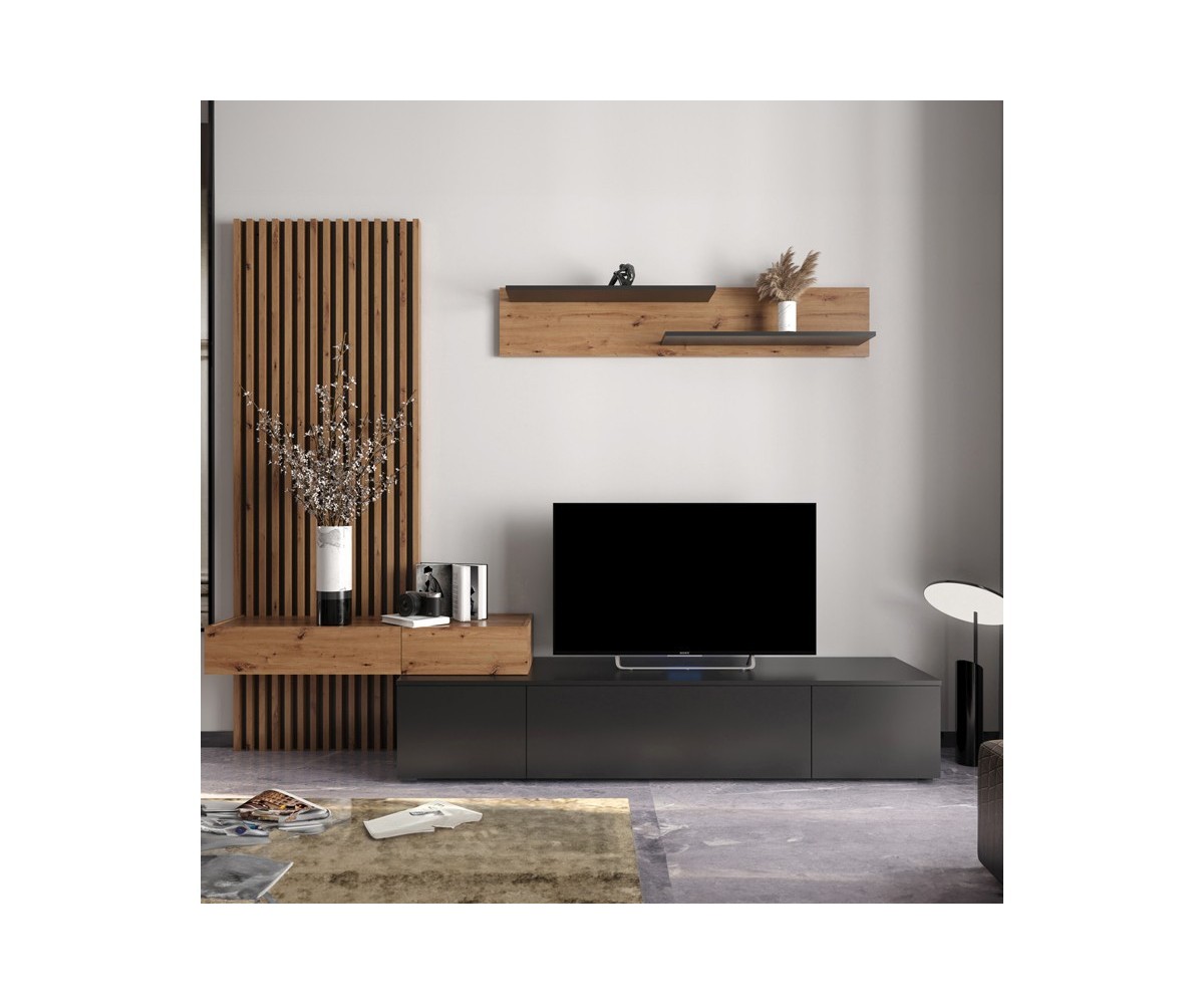 Mueble tv completo en Negro-Cambria, Fabricado en Melamina, 249,5x42x199,5cm - Moderno y Funcional.