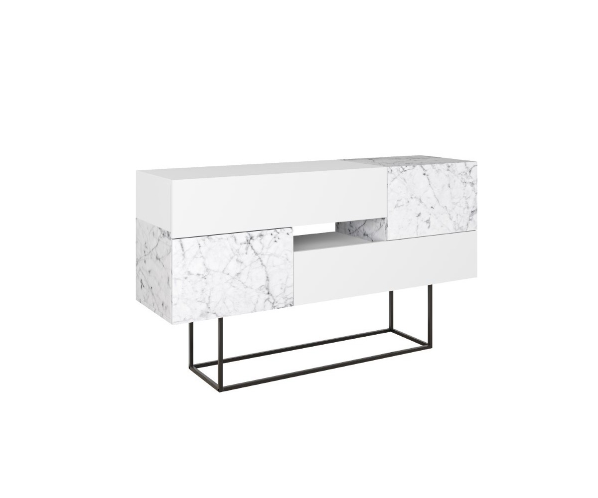 Buffet Moderno con Acabado en Mármol Gris y Blanco, 145x40x82 cm, Patas Metálicas