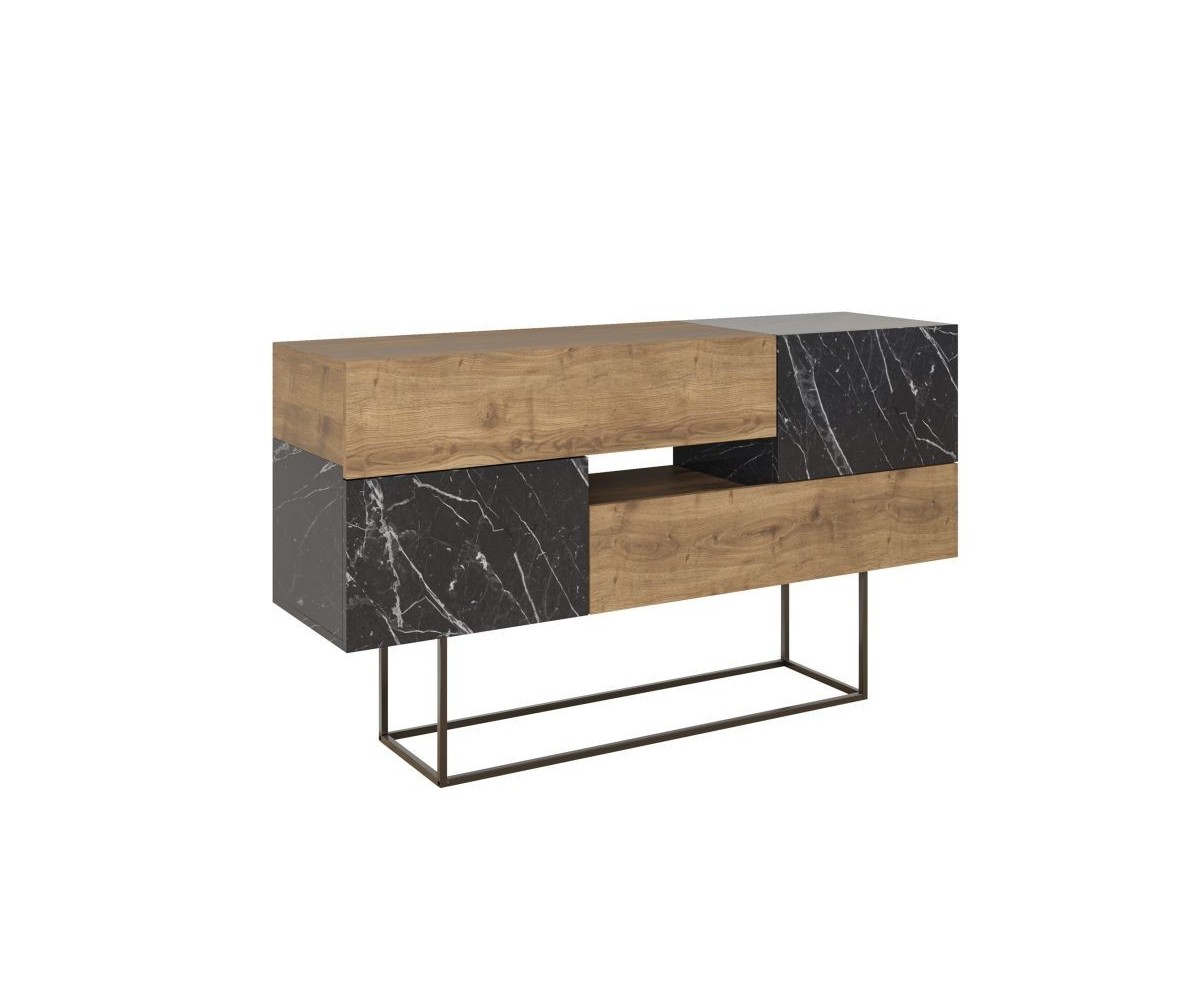 Buffet Moderno con Acabado en Mármol Negro y Madera, 145x40x82 cm, Patas Metálicas