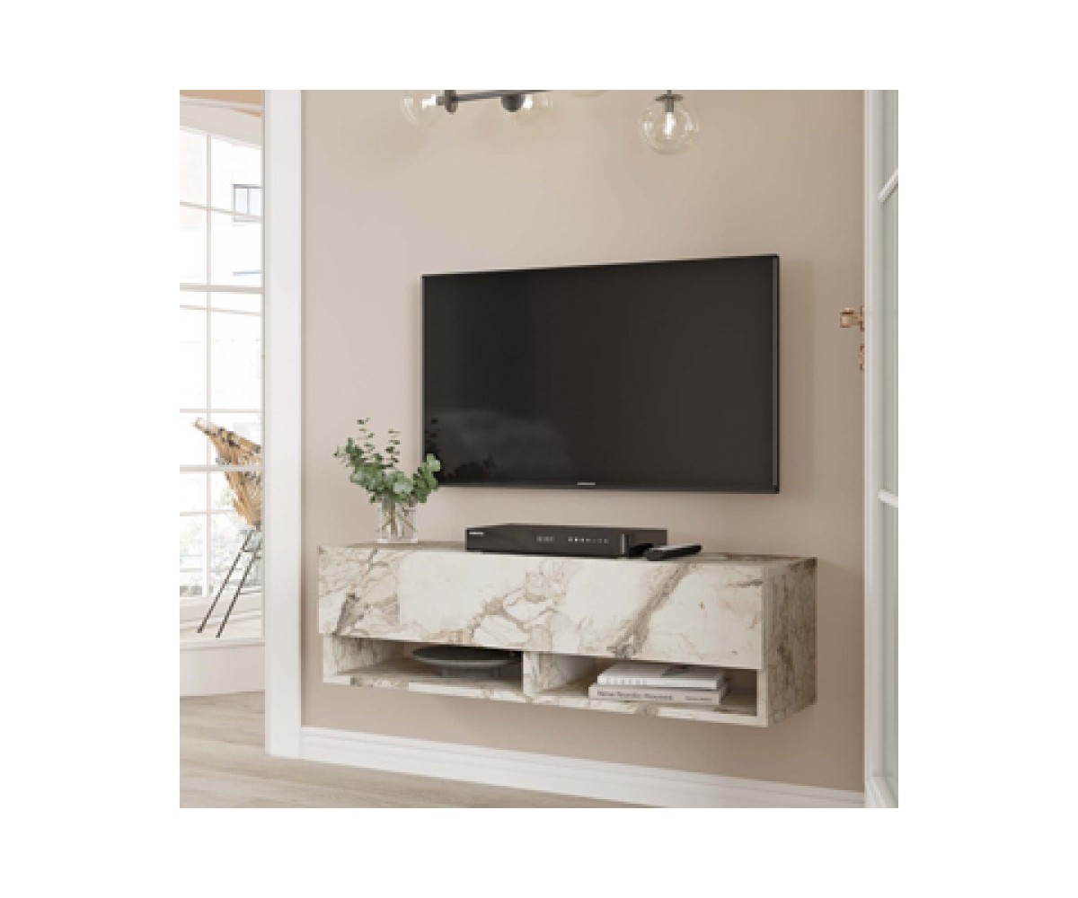 Mueble TV Moderno con 1 Puerta y Estantes en Melamina Color Mármol Marfil - 100x31.5x29.6cm