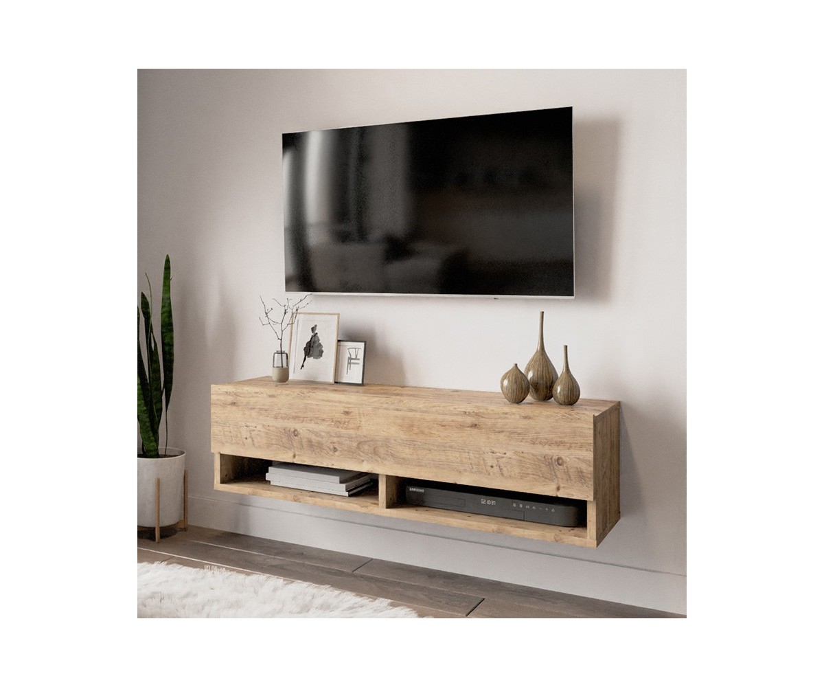 Mueble TV Moderno con 1 Puerta y Estantes en Melamina Color Madera - 100x31.5x29.6cm