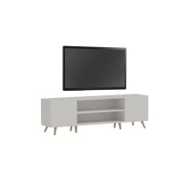 Mueble TV con Patas de Madera y 2 Amplios Cajones - Melamina Blanco - Madera 150x32x46 cm - Moderno y Espacioso.