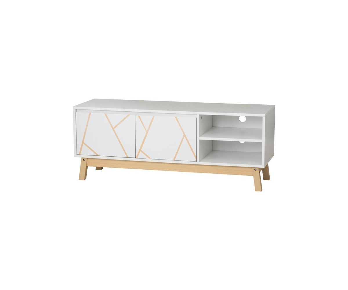 Mueble TV Blanco-Natural 120x38x47 cm - 2 Puertas y Patas de Madera - Estilo Elegante y Funcional