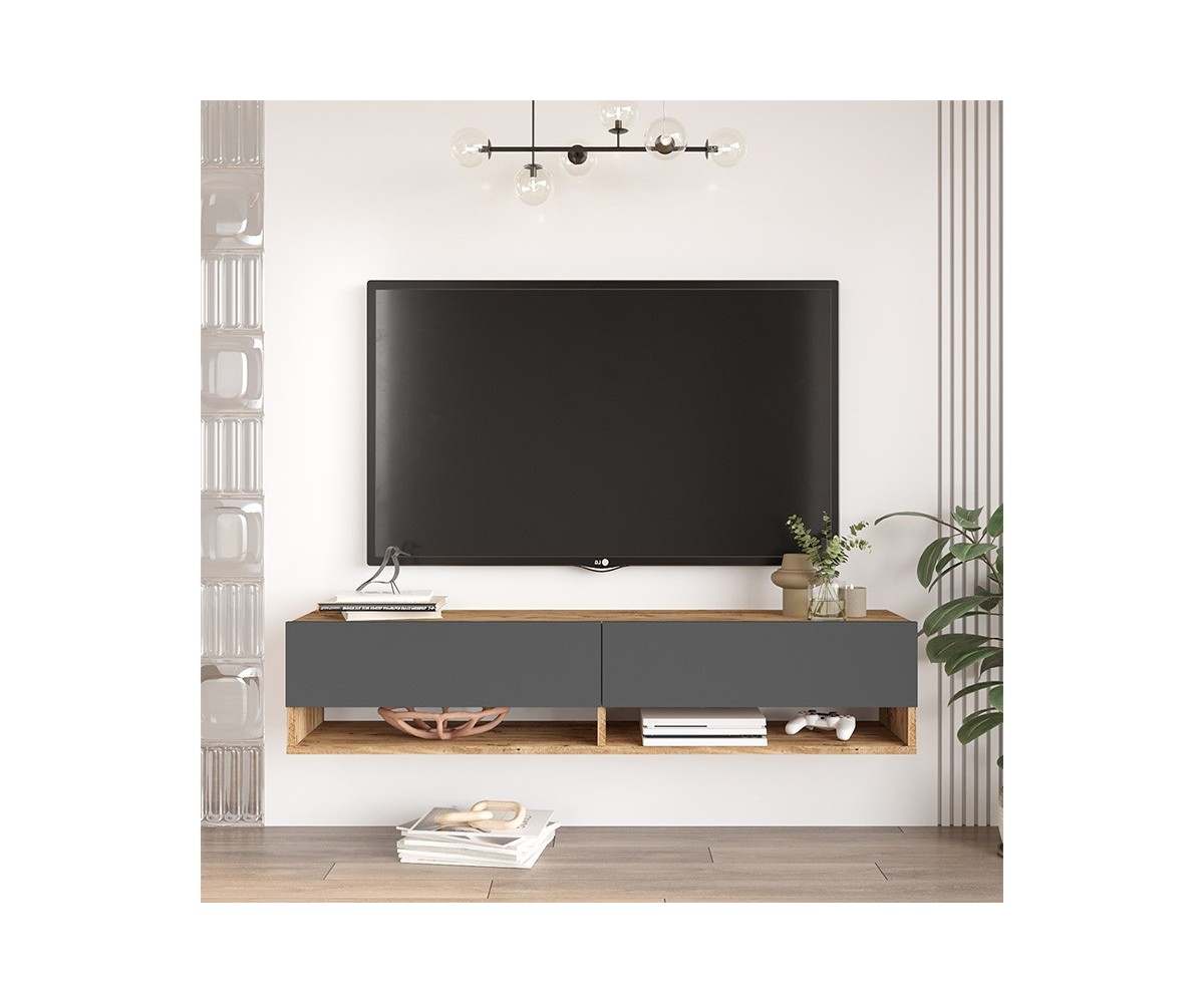 Mueble TV de Pared Color Antracita-Roble 140x31.6x29.6 cm - 2 Puertas - Estilo Moderno y Funcional.