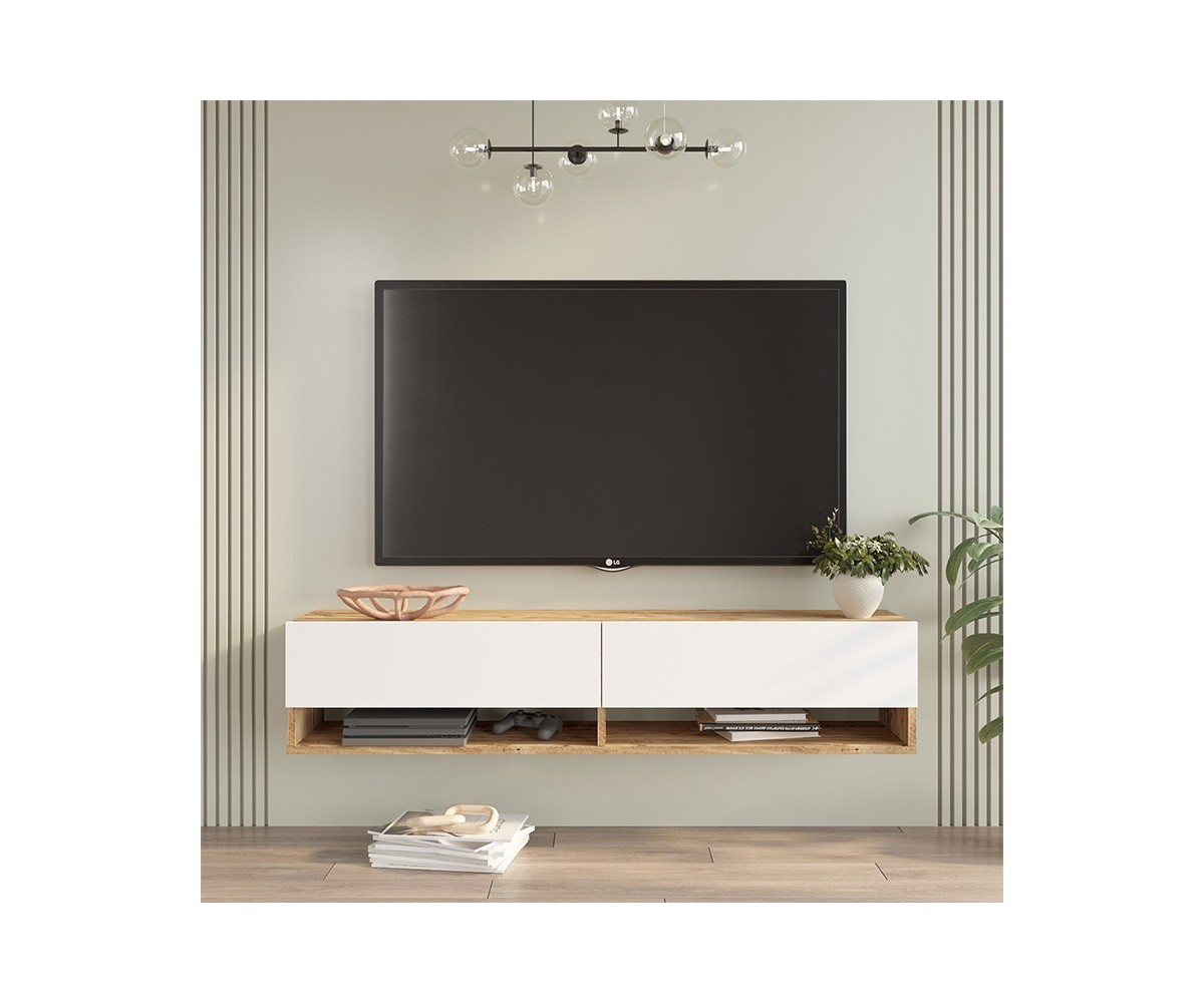 Mueble TV de Pared Color Blanco-Roble 140x31.6x29.6 cm - 2 Puertas - Estilo Moderno y Funcional.