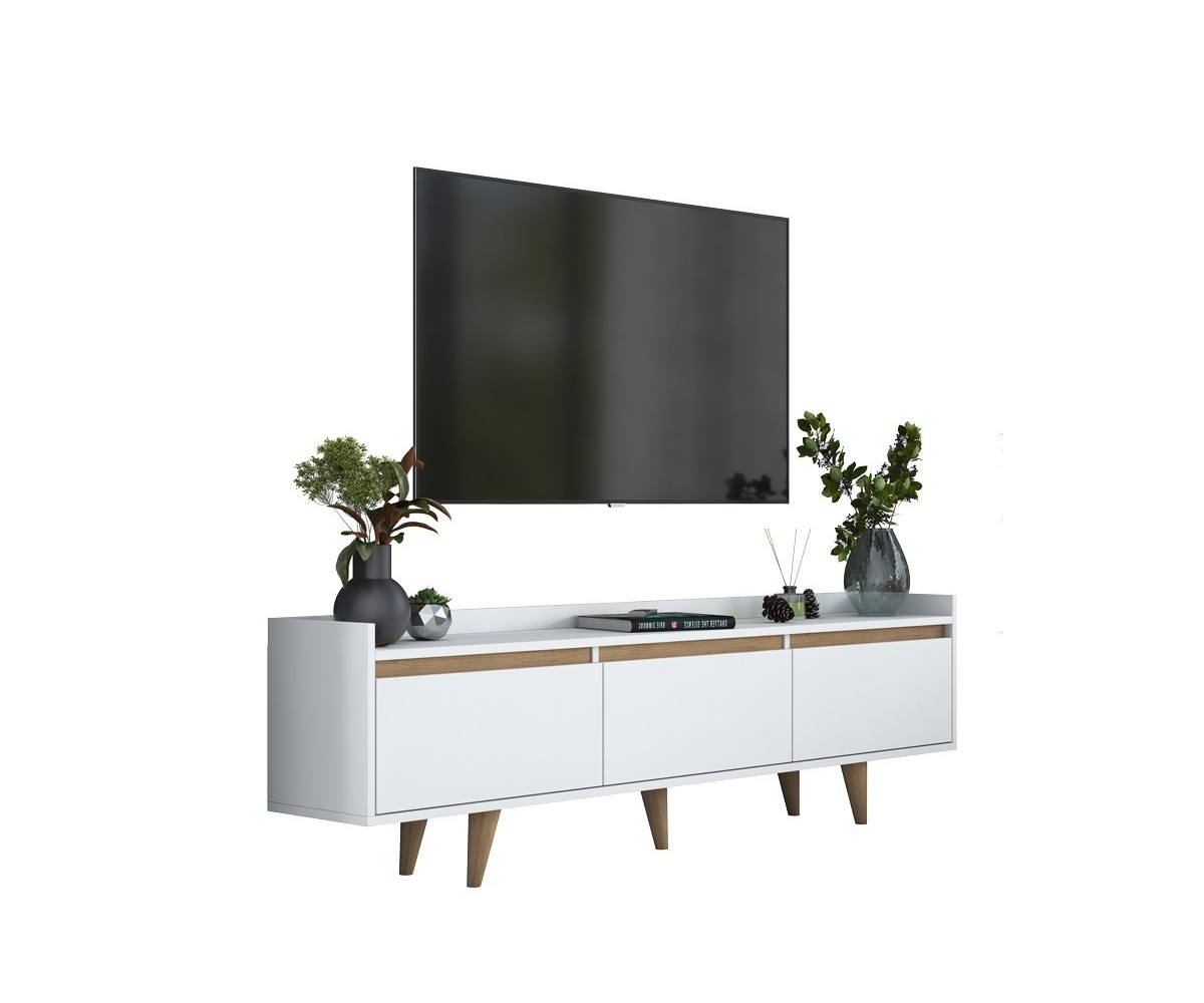 Mueble TV Nogal Blanco Melamina-Negro con Patas de Madera - 3 Puertas Abatibles - 180x29.7x51.8 cm - Elegancia y Espacio.