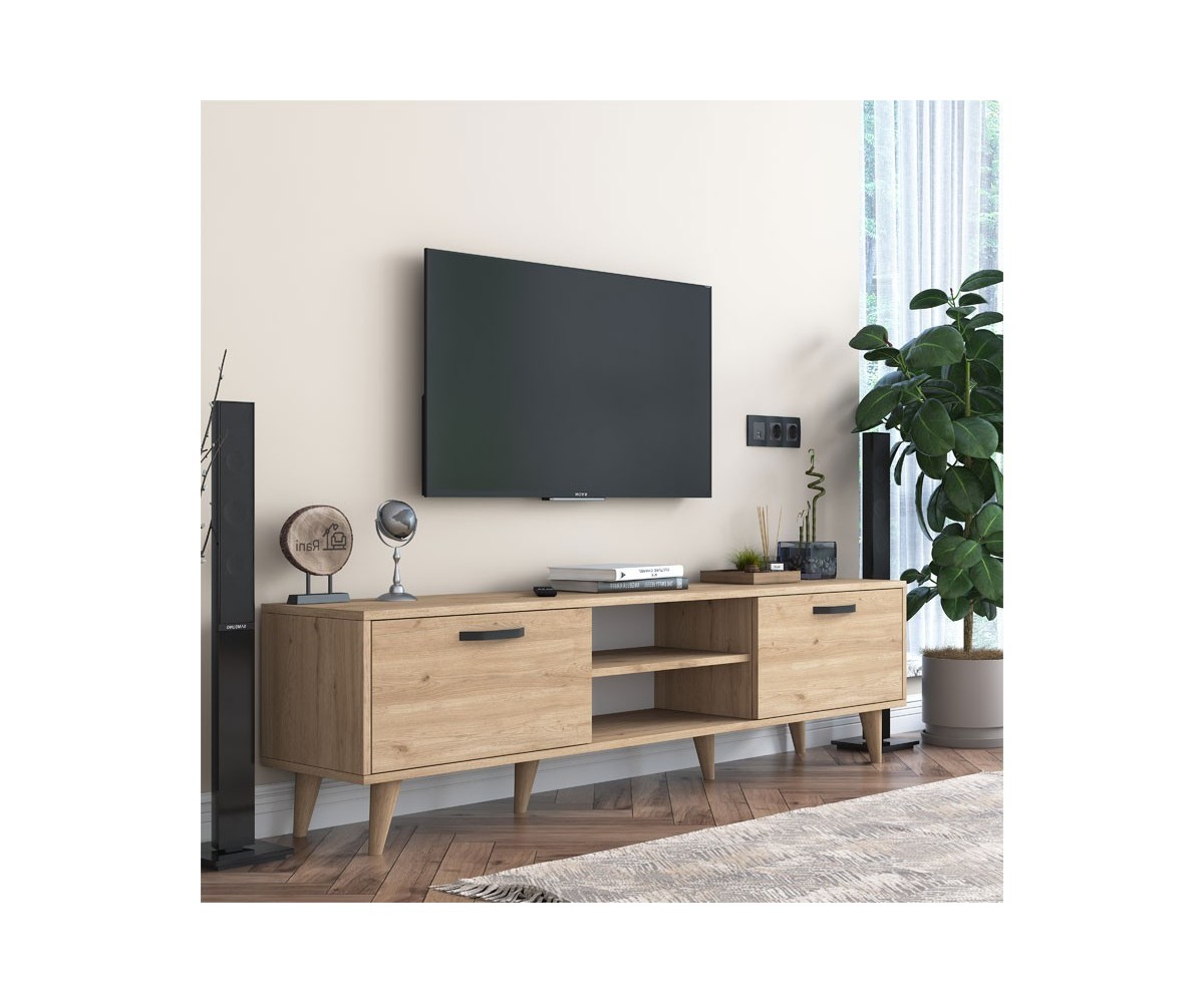 Mueble de TV en Roble con 2 Cajones y Estantes - 180x35x48.5 cm con Patas de Madera.