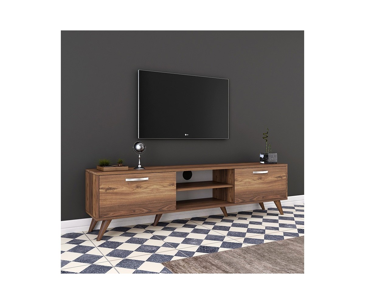 Mueble de TV en Nogal con 2 Cajones y Estantes - 180x35x48.5 cm con Patas de Madera.