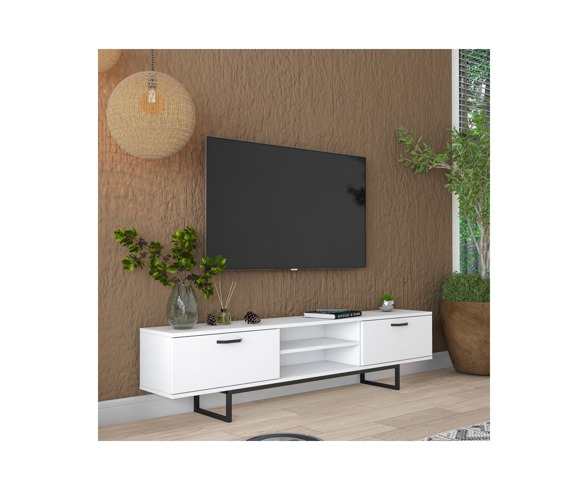 Mueble de TV con 2 Cajones y Estantes en Melamina Blanca - Patas Metálicas Negras - 180x29.7x43.6 cm.