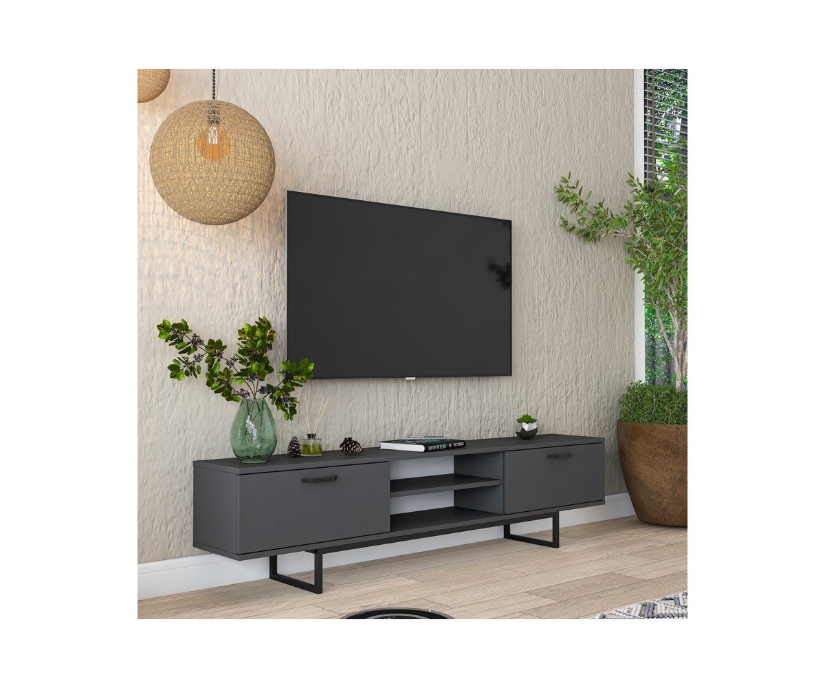 Mueble de TV con 2 Cajones y Estantes en Melamina Negra - Patas Metálicas Negras - 180x29.7x43.6 cm.