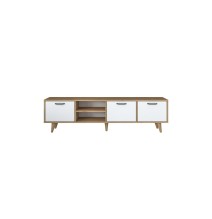 Mueble TV Color Blanco Nogal Melamina Natural - Patas Madera - 180x29.7x48.6 cm - 3 Cajones y Estantes.