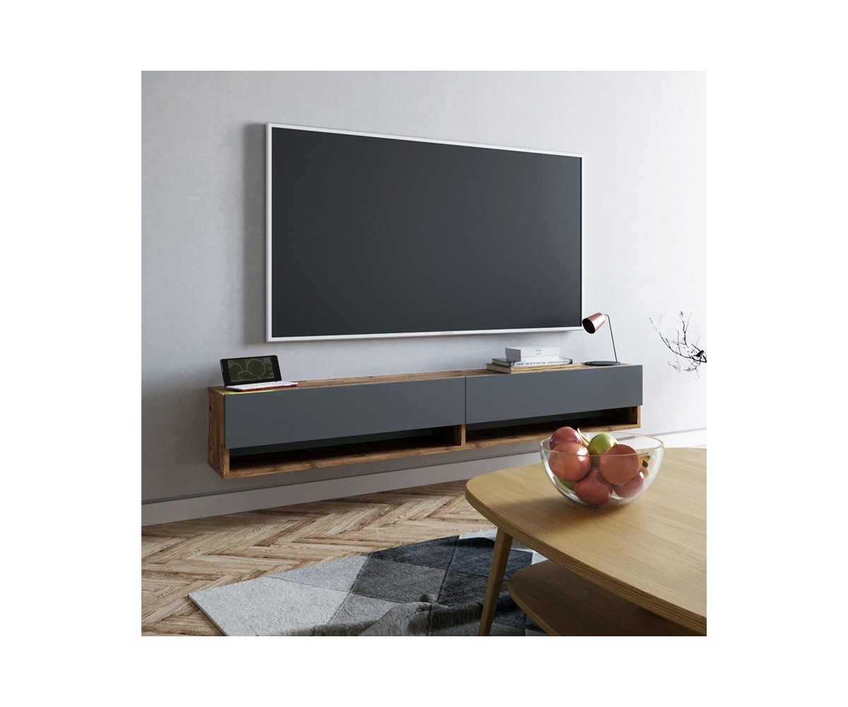 Mueble de TV de Pared Moderno Antracita-Roble - 180x31,5x29,5 cm - 2 Cajones y Estantes.