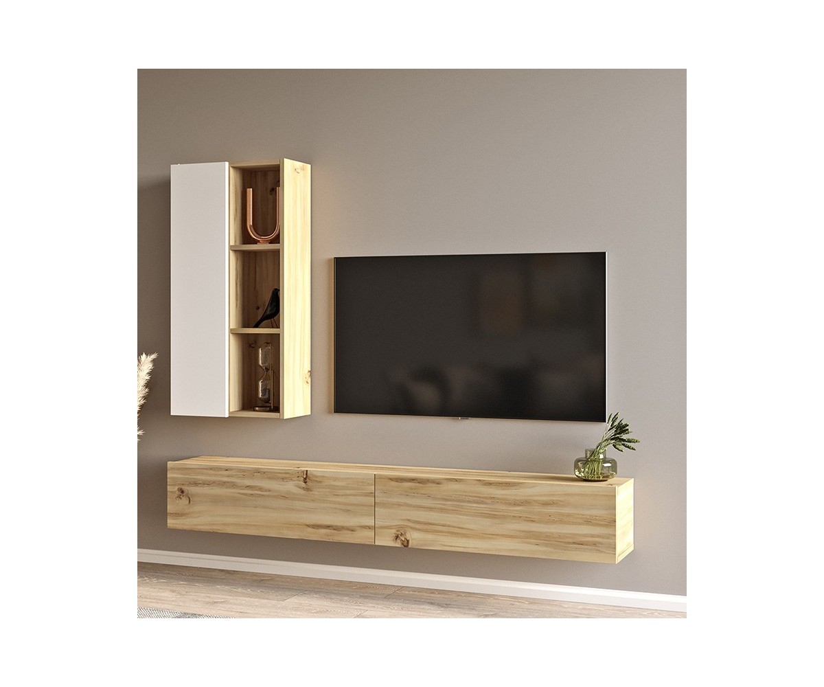 Mueble TV de pared moderno color Blanco y Cambria 174,5x27x145cm