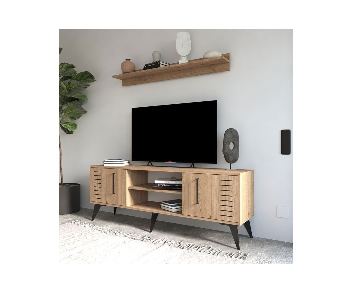 Mueble para TV en Melamina Color Natural y Negro, 160x35x51 cm, con Estantes y Puertas Abatibles - Ideal para Sala de Estar