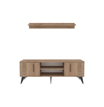 Mueble para TV en Melamina Color Natural y Negro, 160x35x51 cm, con Estantes y Puertas Abatibles - Ideal para Sala de Estar