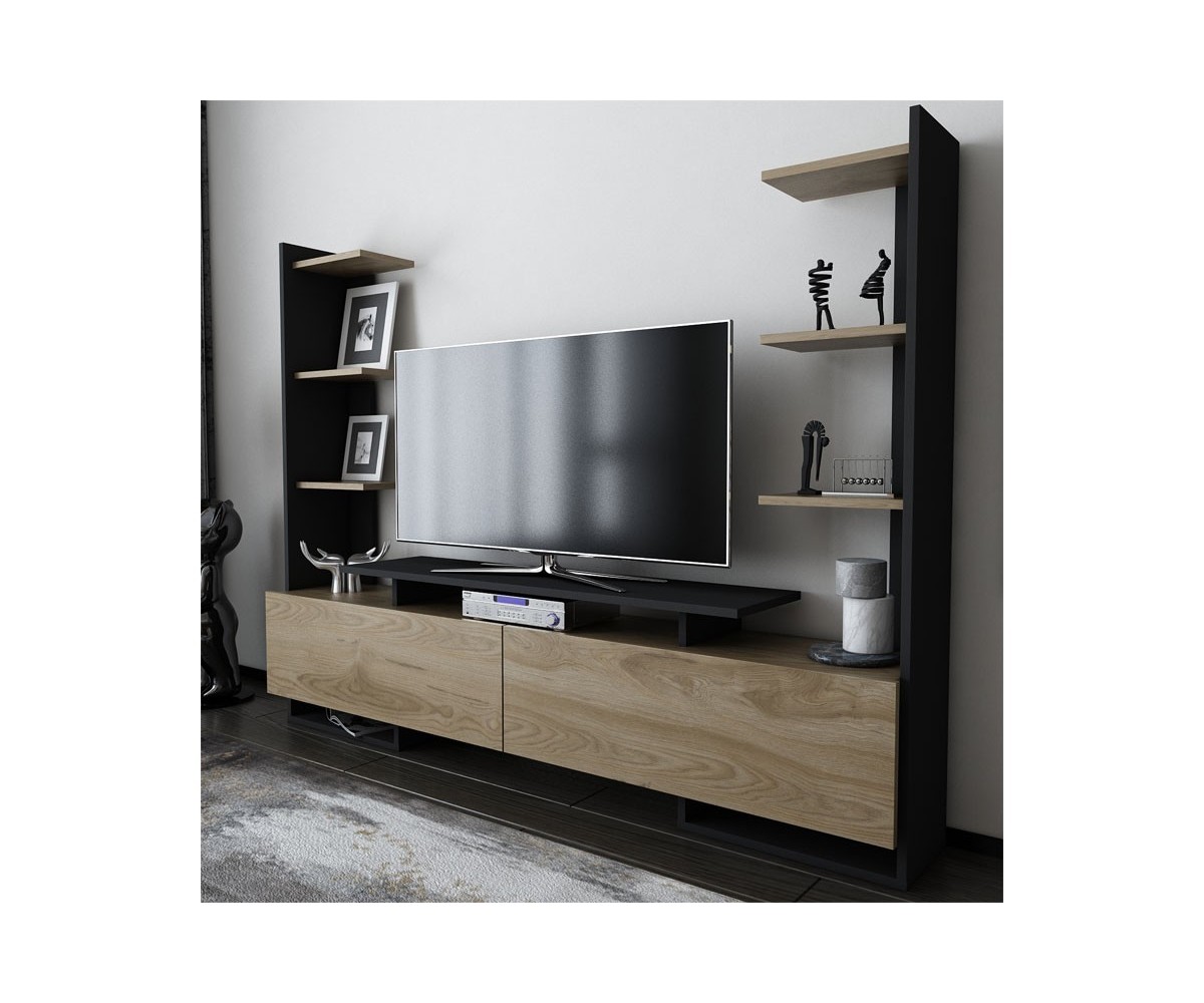 Mueble TV de Nogal y Negro, 183,6x31,5x140cm, con 2 Puertas Abatibles y Múltiples Estantes – Mueble de salón completo Moderno.